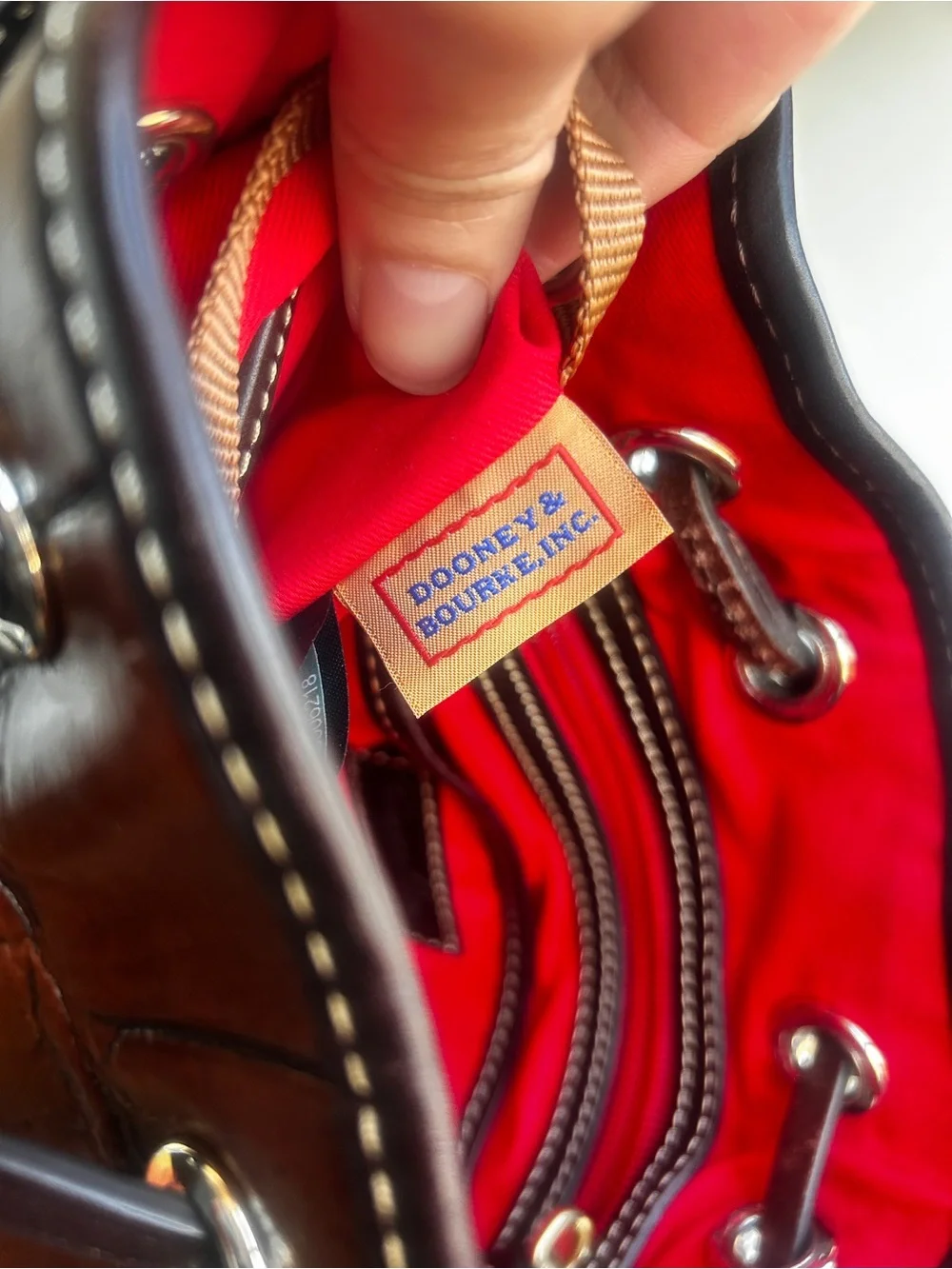 Dooney & Bourke Croc Embossed Leather Drawstring Bucket Crossbody Cognac